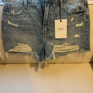VICI Collection Women's Rhinestone Distressed Denim Shorts - Blue